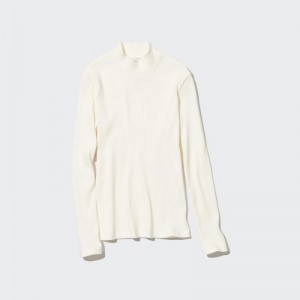 T Shirts Uniqlo Ribbed High Neck Long-Sleeve Femme Blanche | 4383421
