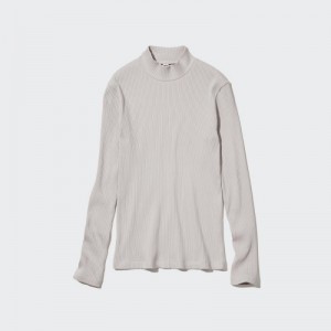 T Shirts Uniqlo Ribbed High Neck Long-Sleeve Femme Grise | 6261956