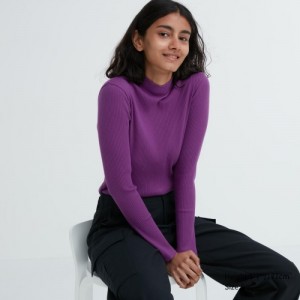 T Shirts Uniqlo Ribbed High Neck Long-Sleeve Femme Violette | 9591574
