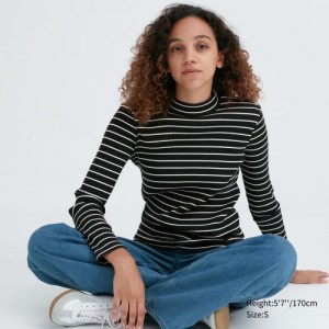 T Shirts Uniqlo Ribbed Striped High Neck Long-Sleeve Femme Noir | 8791290
