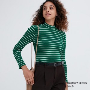 T Shirts Uniqlo Ribbed Striped High Neck Long-Sleeve Femme Vert | 1464127