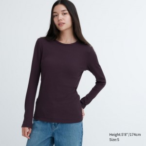 T Shirts Uniqlo Sheer Jersey Crew Neck Long-Sleeve Femme Bordeaux | 7121333