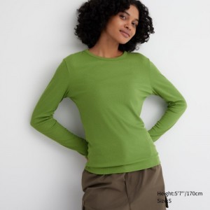 T Shirts Uniqlo Sheer Jersey Crew Neck Long-Sleeve Femme Vert | 5083267