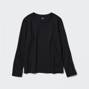 T Shirts Uniqlo Smooth Stretch Cotton Crew Neck Long-Sleeve Femme Noir | 8112759