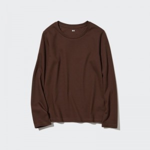 T Shirts Uniqlo Smooth Stretch Cotton Crew Neck Long-Sleeve Femme Marron | 6989211