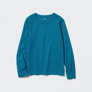 T Shirts Uniqlo Smooth Stretch Cotton Crew Neck Long-Sleeve Femme Bleu | 5623908