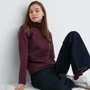 T Shirts Uniqlo Smooth Stretch Cotton Turtleneck Long-Sleeve Femme Bordeaux | 7222982