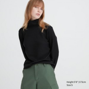 T Shirts Uniqlo Smooth Stretch Cotton Turtleneck Long-Sleeve Femme Noir | 3165804