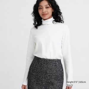 T Shirts Uniqlo Smooth Stretch Cotton Turtleneck Long-Sleeve Femme Blanche | 5762276