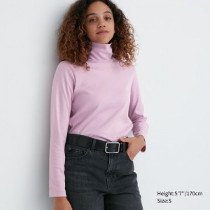 T Shirts Uniqlo Smooth Stretch Cotton Turtleneck Long-Sleeve Femme Rose | 9650170