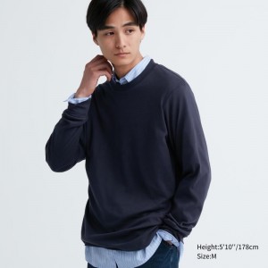 T Shirts Uniqlo Soft Brushed Crew Neck Long-sleeve Homme Bleu Marine | 2556185