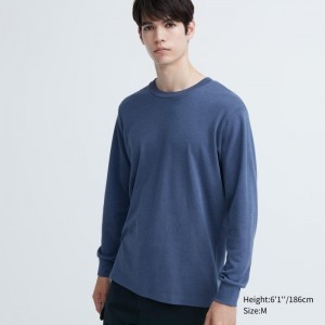 T Shirts Uniqlo Soft Brushed Crew Neck Long-sleeve Homme Bleu | 202744