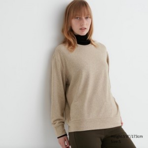 T Shirts Uniqlo Soft Knitted Fleece Crew Neck Long-Sleeve Femme Beige | 1126751
