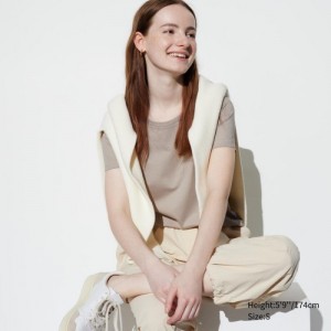 T Shirts Uniqlo Supima Cotton Crew Neck Short Sleeve Femme Beige | 4571754