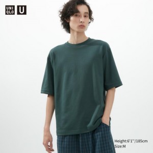T Shirts Uniqlo U AIRism Cotton Oversized Crew Neck Half-Sleeve Femme Vert Olive | 5221502