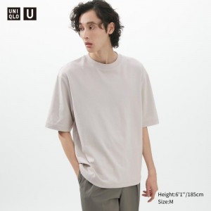 T Shirts Uniqlo U AIRism Cotton Oversized Crew Neck Half-Sleeve Homme Grise | 1775183