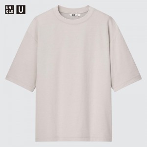 T Shirts Uniqlo U AIRism Cotton Oversized Crew Neck Half-Sleeve Homme Grise | 2035228