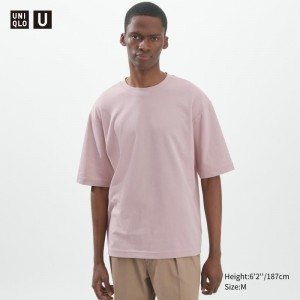 T Shirts Uniqlo U AIRism Cotton Oversized Crew Neck Half-Sleeve Homme Rose | 6288670