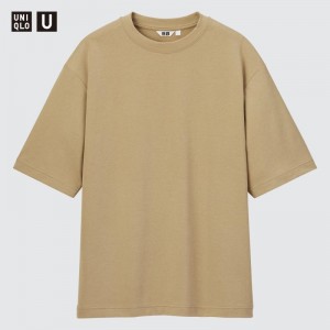 T Shirts Uniqlo U AIRism Cotton Oversized Crew Neck Half-Sleeve Homme Beige | 8547159