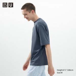 T Shirts Uniqlo U AIRism Cotton Oversized Crew Neck Half-Sleeve Femme Bleu | 4748697