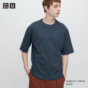 T Shirts Uniqlo U Airism Cotton Striped Crew Neck Oversized Homme Bleu | 689755