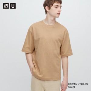 T Shirts Uniqlo U Airism Cotton Striped Crew Neck Oversized Homme Beige | 2332720
