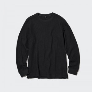 T Shirts Uniqlo Waffle Crew Neck Long-Sleeve Homme Noir | 7175964