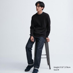 T Shirts Uniqlo Waffle Crew Neck Long-Sleeve Homme Noir | 2537342