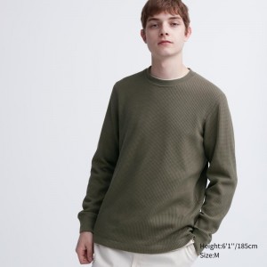 T Shirts Uniqlo Waffle Crew Neck Long-Sleeve Homme Vert | 4017313