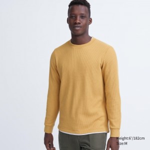 T Shirts Uniqlo Waffle Crew Neck Long-Sleeve Homme Jaune | 1113441