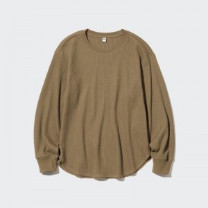 T Shirts Uniqlo Waffle Crew Neck Long-Sleeve Femme Marron | 2262418