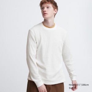 T Shirts Uniqlo Waffle Crew Neck Long-Sleeve Homme Blanche | 4878946
