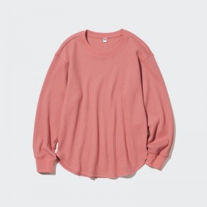 T Shirts Uniqlo Waffle Crew Neck Long-Sleeve Femme Rose | 5557108