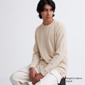 T Shirts Uniqlo Waffle Crew Neck Long-Sleeve Homme Beige | 8821289