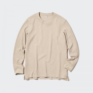 T Shirts Uniqlo Waffle Crew Neck Long-Sleeve Homme Beige | 9085720