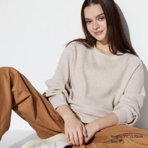 T Shirts Uniqlo Waffle Crew Neck Long-Sleeve Femme Beige | 4276750