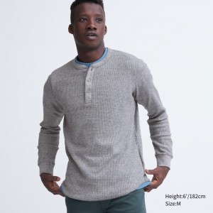 T Shirts Uniqlo Waffle Henley Neck Long-sleeve Homme Grise | 1089129