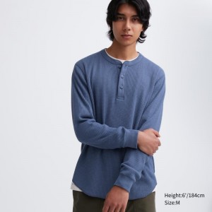 T Shirts Uniqlo Waffle Henley Neck Long-sleeve Homme Bleu | 7779685