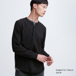 T Shirts Uniqlo Waffle Henley Neck Long-sleeve Homme Noir | 796219
