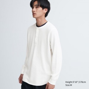 T Shirts Uniqlo Waffle Henley Neck Long-sleeve Homme Blanche | 7453157