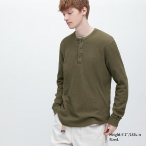 T Shirts Uniqlo Waffle Long-sleeve Henley Homme Vert | 4960231
