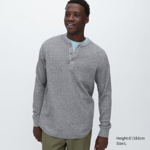 T Shirts Uniqlo Waffle Long-sleeve Henley Homme Grise | 8063849