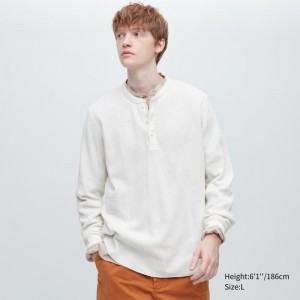 T Shirts Uniqlo Waffle Long-sleeve Henley Homme Blanche | 7037596