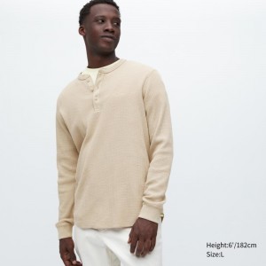 T Shirts Uniqlo Waffle Long-sleeve Henley Homme Beige | 1052676