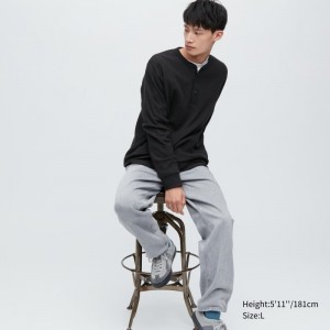 T Shirts Uniqlo Waffle Long-sleeve Henley Homme Noir | 9282570