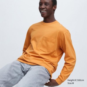 T Shirts Uniqlo Washed Cotton Crew Neck Long-sleeve Homme Jaune | 5288235