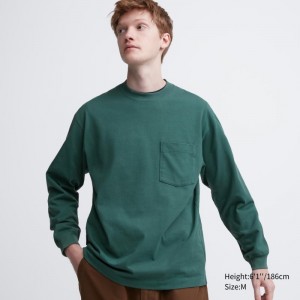 T Shirts Uniqlo Washed Cotton Crew Neck Long-sleeve Homme Vert | 2374609