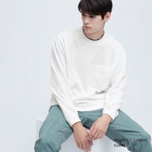 T Shirts Uniqlo Washed Cotton Crew Neck Long-sleeve Homme Blanche | 6880369