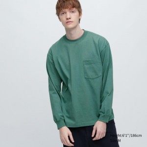 T Shirts Uniqlo Washed Cotton Crew Neck Long-sleeve Homme Vert | 4364870
