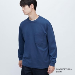 T Shirts Uniqlo Washed Cotton Crew Neck Long-sleeve Homme Bleu Marine | 9220185